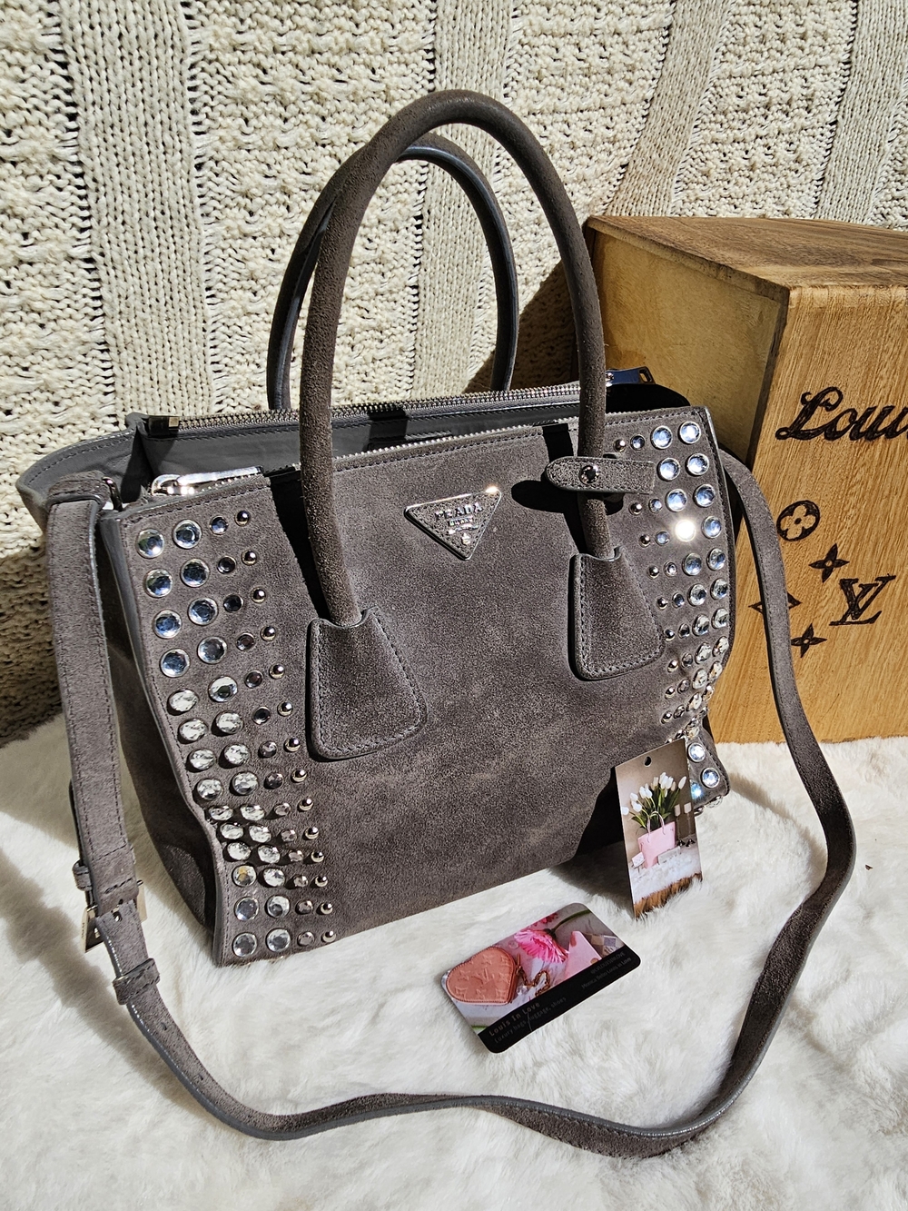 Prada Gray Suede Studded Satchel with Shoulder Strap
